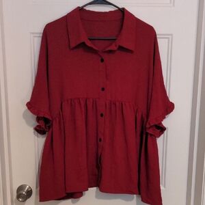 SHEIN CURVE Red Ruffle Sleeve Button-Front Babydoll Blouse - Size 3XL